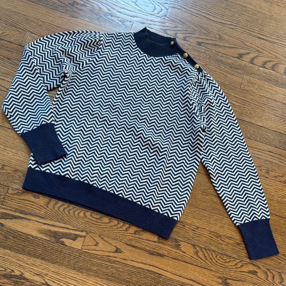 J. Crew Navy & White Chevron Button-Shoulder Sweater, L